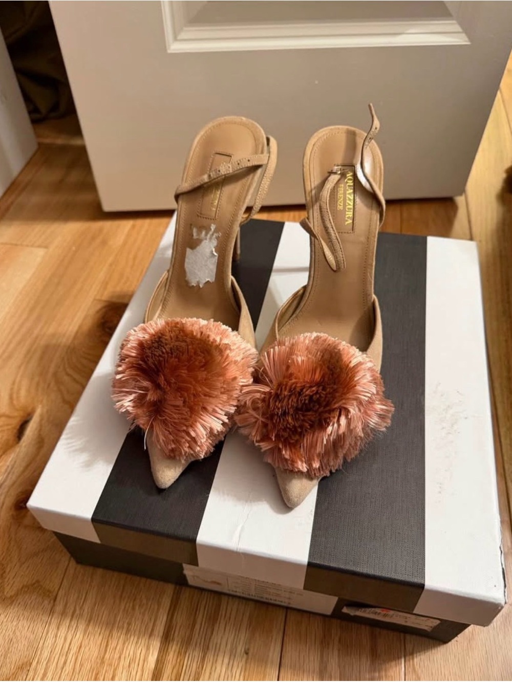 Aquazzura Nude Slingback Heels with Pom Pom Accents (only worn once)